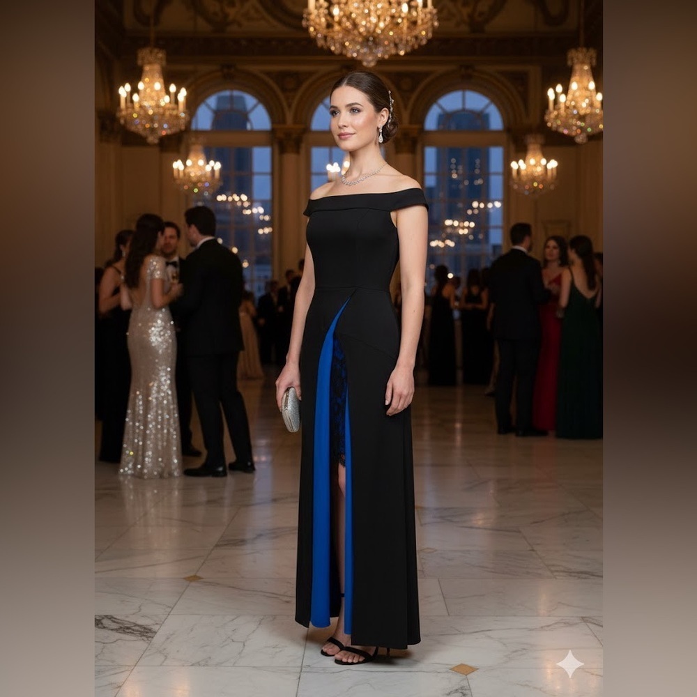 New York & Company Gala Gown Black Cobalt Blue Lace Slit Small